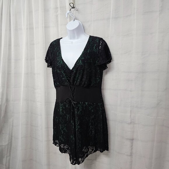 Vintage Black Green Y2k Corset Dress Lace Mini Goth Punk Whimsigoth Tunic 1X - Picture 6 of 11